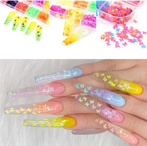 Miniatura 7 de Lentejuelas de uñas de mariposa 3D de 12 colores, mariposas luminosas, diseño de arte de uñas, mariposas holográficas con forma de copos