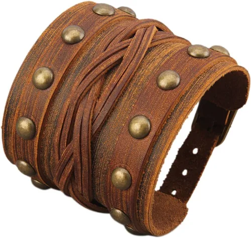 Miniatura 74 de Jeilwiy Pulseras de cuero punk para hombres, pulseras hechas a mano, brazalete ancho, joyería trenzada, color negro y marrón, ajustable, regalos