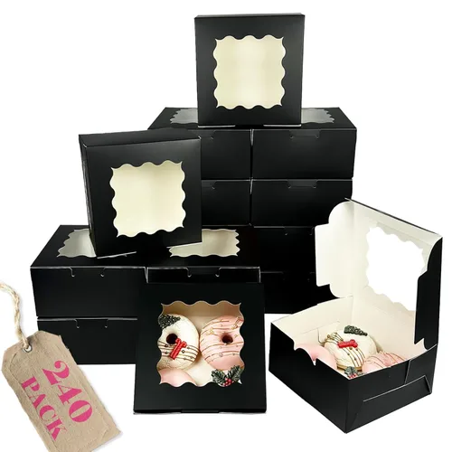 Miniatura 10 de Bakepacker 100 piezas Cajas Negras para Galletas 6x6x3 pulgadas Fácil Montaje Cajas de Pastelería Macarrones Cajas de Panadería con Ventana