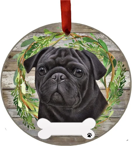 E&S Imports - Adorno de pug negro – E&S Pets – Personalizable – Regalos para perros – Adorno redondo de cerámica con acabado esmaltado – Decoración