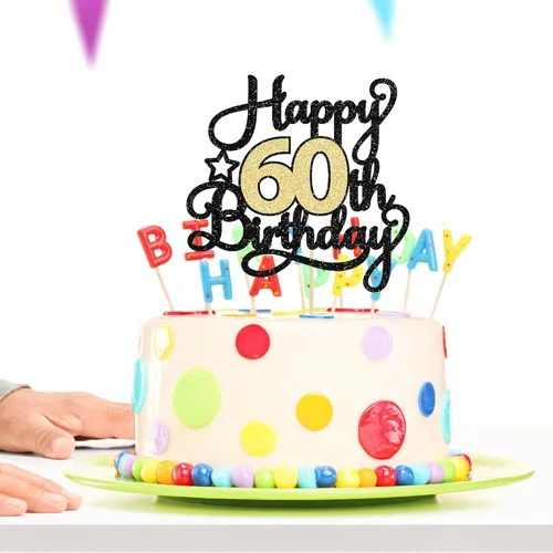 Miniatura 5 de 1 Pieza Feliz Cumpleaños 60 Decoración Superior para Pastel Negro Dorado con Purpurina Brindis por 60 Años Palillo para Pastel de Cumpleaños 60