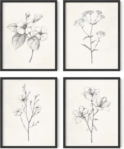 Miniatura 66 de HAUS AND HUES Arte de pared floral gris, juego de 4 pósteres de plantas para pared vintage, impresiones botánicas, cuadros de flores en blanco