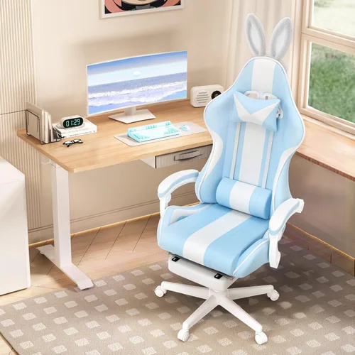 Miniatura 2 de Ferghana Kawaii - Silla de juegos azul claro con orejas de conejo, ergonómica y bonita silla para jugadores con reposapiés y masaje, silla