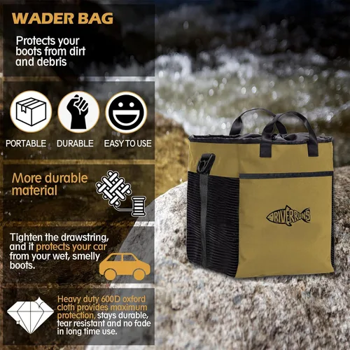 Miniatura 2 de Riverruns Bolsa para Vadeadores de Pesca y Caza con Malla Ventilada, Bolsa de Almacenamiento para Botas de Vadeadores para Senderismo, Camping Caqui