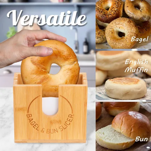 Miniatura 6 de Soporte de corte de bagel ajustable Soporte de corte de bagel de bambú con ranuras ajustables de ancho para bagels pequeños y grandes, bollos