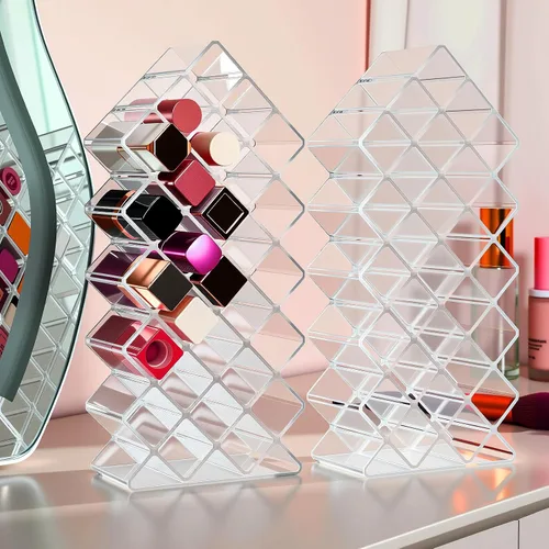 Miniatura 5 de Hoolerry Paquete de 4 soportes de acrílico para lápiz labial, 112 ranuras transparentes, organizador de brillo de labios apilables, torre de lápiz