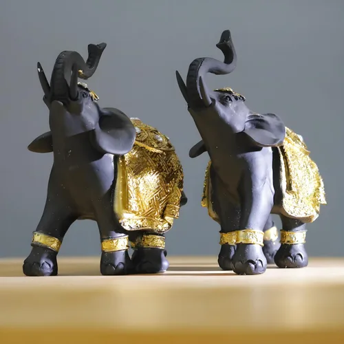 Miniatura 2 de Juego de decoración de elefante de la suerte con troncos – Feng Shui resina negro y dorado pareja elefante figuritas – Par de estatuas de elefantes