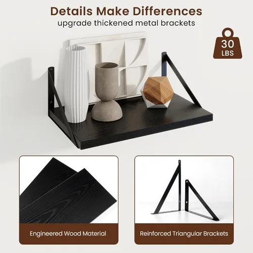 Miniatura 5 de Axeman Estantes flotantes profundos Juego de 2 estantes de pared negros de 16 pulgadas Estantes flotantes de madera de 10 pulgadas