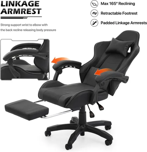 Miniatura 8 de MoNiBloom Silla de juegos de computadora con reposapiés y soporte lumbar, silla de carreras ergonómica de altura ajustable para adultos