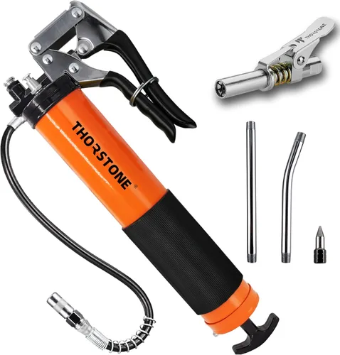 Thorstone Kit de Pistola de Engrase de Empuñadura de Servicio Pesado de 7000PSI | Capacidad de Carga de 14oz | Manguera Flexible con Resorte de 18"