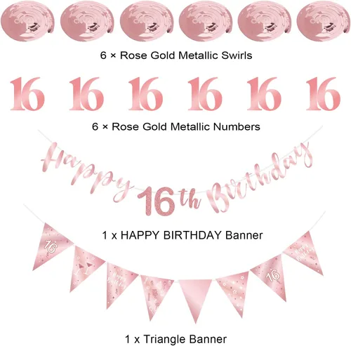 Miniatura 2 de Decoración de cumpleaños número 16 de oro rosa para niñas, pancarta de feliz cumpleaños 16, remolinos de banderines, pancarta de bandera triangular