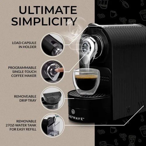 Miniatura 9 de ChefWave Máquina de café expreso y cafetera (negro) – Compatible con cápsulas Nespresso, programable, de un solo toque, bomba italiana de alta