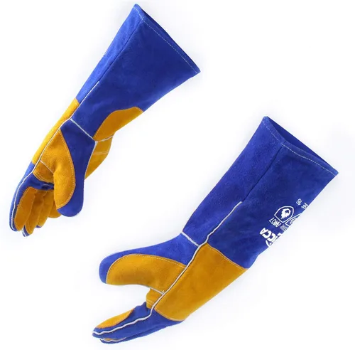 RAPICCA Guantes de soldadura resistentes al fuego y al calor: Azul 16 pulgadas 932 ℉ - Cuero ignífugo para soldador de Stick, Mig, Flux-Core, forja,