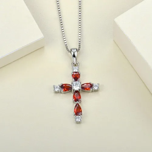 Miniatura 153 de YL Collar de cruz de plata de ley 925 con colgante de piedra natal religiosa para mujer