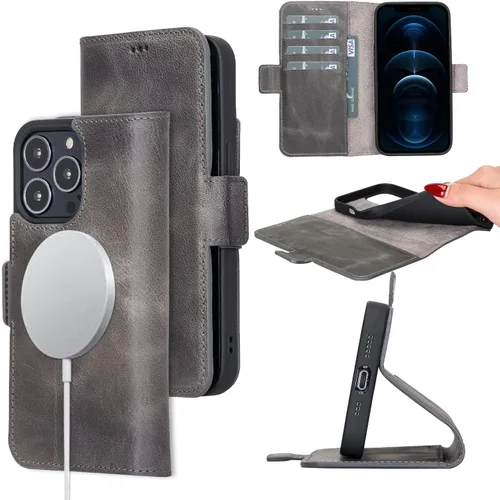 Miniatura 16 de Bayelon Funda para iPhone 13 Pro Max, funda de piel de grano completo, funda magnética con ranuras para tarjetas, función atril (bronceado rústico)