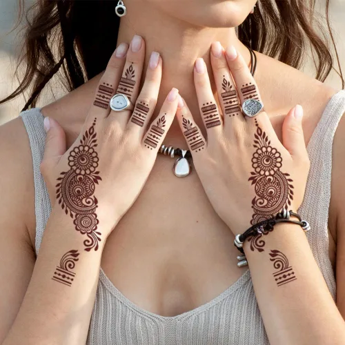 Miniatura 8 de 10 hojas de calcomanías temporales de henna de henna 5P negro + 5P marrón, calcomanías de tatuaje para mujeres, calcomanías de arte corporal para 5