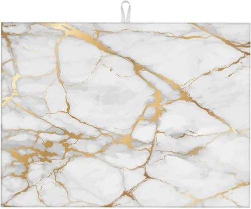 Miniatura 56 de Tapete de secado de platos de mármol blanco dorado para encimera de cocina, absorbente de 16 x 18 pulgadas, placa de microfibra de vidrio