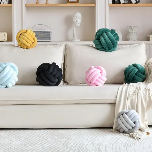 Miniatura 6 de Almohada de nudo suave de felpa, cojín redondo de bola anudada de 8 pulgadas, decoración de nudo negro para dormitorio y sala de estar