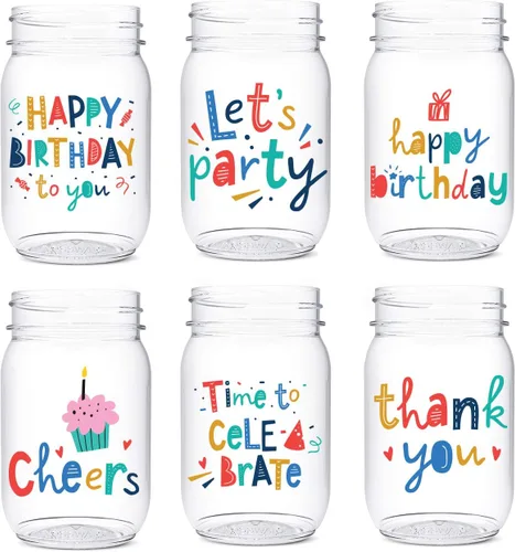 TOSSWARE POP Mason - Tarro de 473 ml, radiante, para cumpleaños, juego de 6 piezas, reciclable, irrompible, de plástico transparente impreso