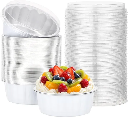 Miniatura 82 de Beasea Ramequines con tapas, 8oz 50 unidades de tazas de aluminio desechables para hornear, tazas de papel de aluminio plateado para creme brulee