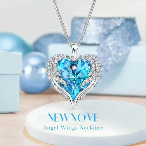 Miniatura 3 de NEWNOVE Rosa real preservada en color azul claro con collar de ángel, regalos de aniversario y cumpleaños para mujeres, esposa, novia, mamá, ideas