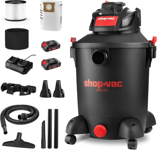 Shop-Vac 5430031 Aspiradora inalámbrica húmeda/seca de 10 galones y 20 V con manguera de 1.5 pulgadas x 7 pies, incluye (2) varitas de extensión,