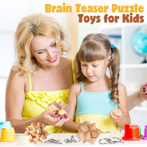 Miniatura 4 de 34 piezas de rompecabezas de metal para niños y adultos, juegos mentales de madera 3D, cubo de madera, juegos de cerebro, bloque de alambre