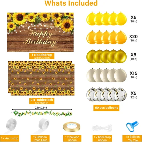 Miniatura 8 de Tiamon Juego de 53 guirnaldas de arco de globos dorados y amarillos, 1 pancarta de fondo de feliz cumpleaños, 2 manteles de plástico de girasol