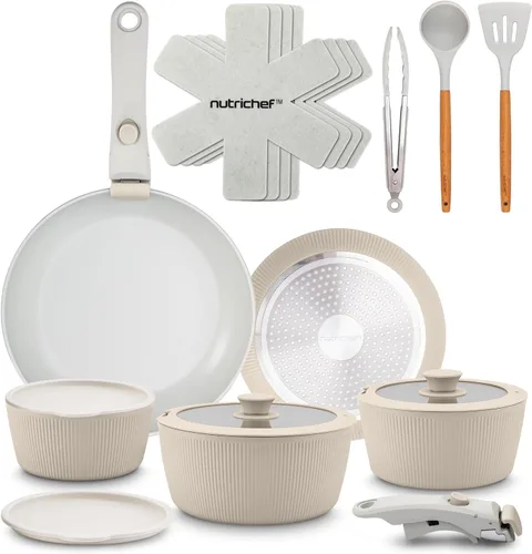 NutriChef - Juego de 18 piezas de utensilios de cocina de cerámica con mangos desmontables, ollas y sartenes antiadherentes, revestimiento de Crema