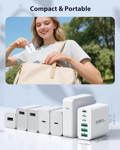 Miniatura 8 de Paquete de 2 bloques de cargador rápido USB C de 65 W, 6 puertos (PD3.0 45 W+QC 20 W), enchufe de cargador de pared, cubos de carga multipuerto