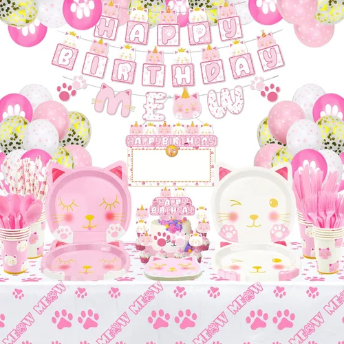 218 globos de gato, pancarta de cumpleaños, guirnalda MEOW, letrero colgante de bricolaje, decoración de pastel, platos, servilletas, tazas y mantel