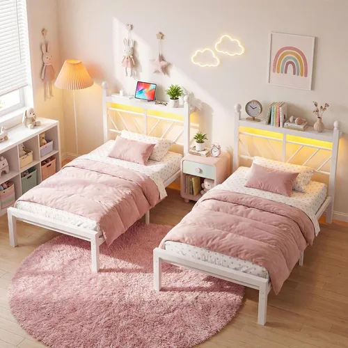 Miniatura 33 de Homkdom Marco de cama de plataforma de metal tamaño Queen de 14 pulgadas con cabecero, marco de cama victoriano Queen con almacenamiento debajo