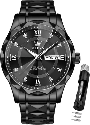 OLEVS - Relojes para hombre de diamantes de lujo, casual, esfera grande, acero inoxidable, impermeable, para negocios, de vestir, analógico,