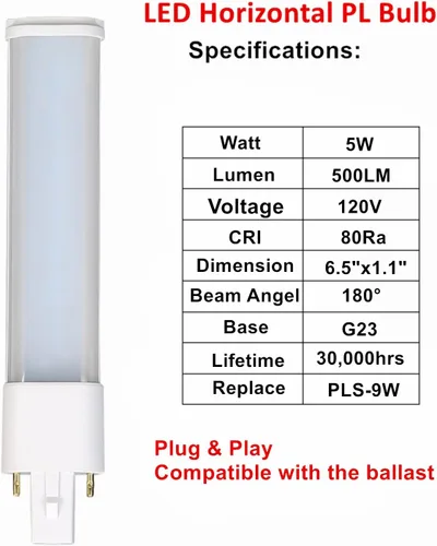 Miniatura 3 de SATZOL Paquete de 2 bombillas LED G23 de color blanco cálido de 5 W, 500 lm, 120 V, 2 pines G23, bombilla LED PL Plug and Play, reemplazo PLS-9W CFL