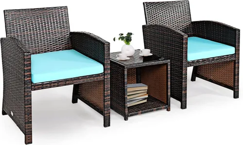 Tangkula Juego de muebles de ratán de polietileno de 3 piezas, juego de conversación de patio con silla y mesa de café de almacenamiento, cojín