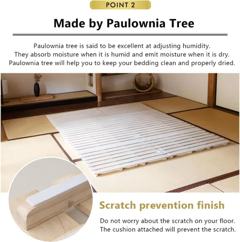 Miniatura 6 de EMOOR Cama de madera con listones de media pliegue tamaño Queen (63 x 78.7 pulgadas) para colchón de futón japonés Franco-Tower, Paulownia sin