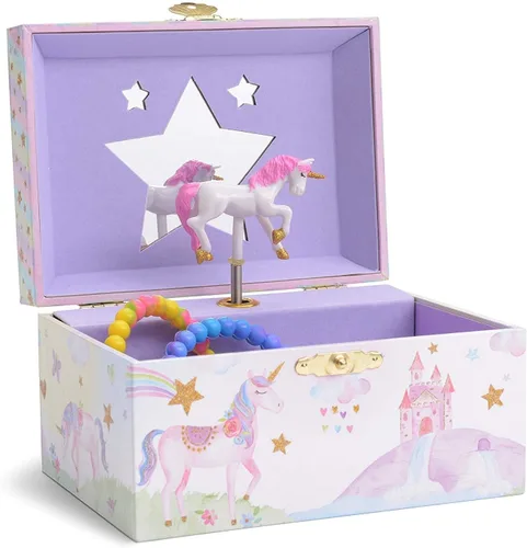 Jewelkeeper - Joyero musical para niñas con unicornio giratorio, caja de música con diseño de arcoíris y estrellas con purpurina para collares,