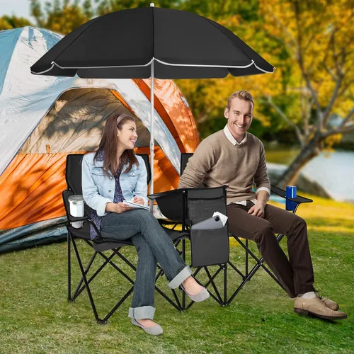 Miniatura 2 de Tangkula Sillas de campamento dobles con paraguas, silla de campamento plegable portátil de 2 asientos con bolsa enfriadora, soporte para bebidas