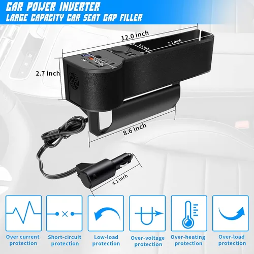 Miniatura 2 de Organizador de llenado de espacio para asiento de automóvil con inversor de corriente de protección múltiple de 12 V CC a 110 V CA, 4 USB de carga