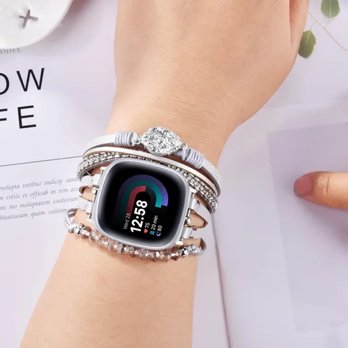 Miniatura 2 de VISOOM Pulsera bohemia con cuentas compatible con Fitbit Versa 4/Versa 3 Bandas/Fitbit Sense2/Sense, correa de reloj de cuero para mujer, hecha a