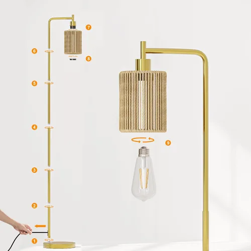 Miniatura 8 de Oneach Lámpara de pie dorada de 66 pulgadas para sala de estar, lámpara de pie bohemia con bombilla LED, interruptor de pie, pantalla de ratán, Oro