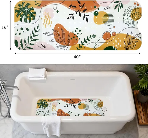 Miniatura 3 de Tapete antideslizante de 40 x 16 pulgadas, extra largo, bohemio, para bañera, tapete decorativo para bañera con orificios de drenaje, ventosas