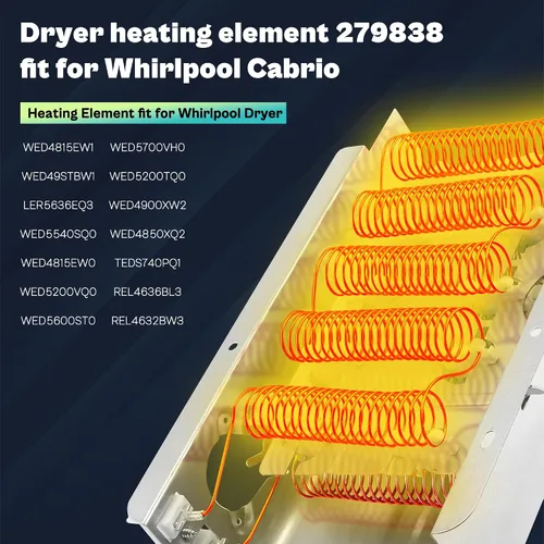 Miniatura 6 de Elemento calefactor compatible con secadora Roper Whirlpool RED4516FW0-279838 W10724237 2406028 Elemento calefactor compatible con secadora Roper