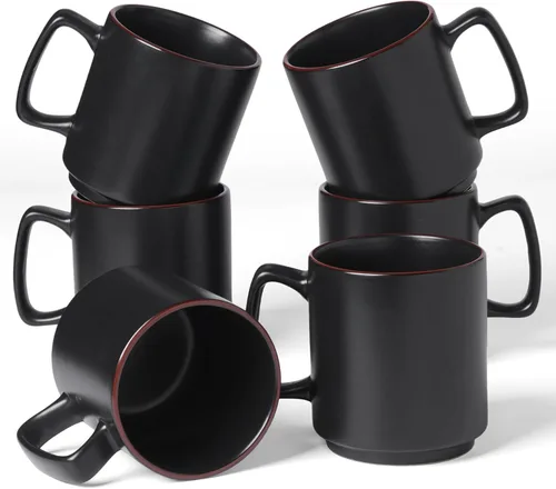famiware Juego de 6 tazas de café Nebula de 14 onzas, juego de tazas de cerámica con asa para café con leche, té, leche, capuchino, cacao, negro mate