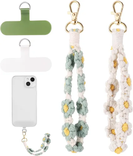 Jspupifip 2 piezas de correa de muñeca para teléfono estilo macramé boho, linda correa de teléfono celular con pestaña de sujeción, pulsera de Blanco