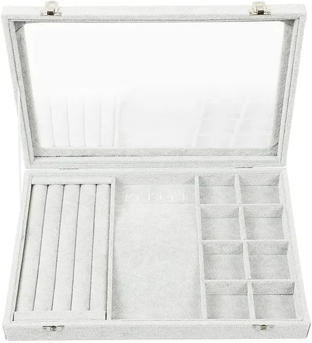 Miniatura 5 de STYLIFING Tapa transparente 3 en 1, bandeja de joyería, aretes, collar, caja de almacenamiento, soporte apilable, exhibición de terciopelo de hielo