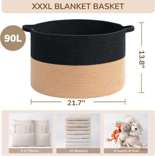 Miniatura 3 de INDRESSME Cesta de Cuerda de Algodón XXXLarge Tejida para Bebé Cesta de Ropa Sucia Cestas de Mantas Cestas de Juguetes con Asa Edredones Cojines