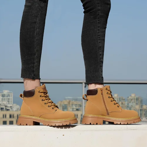 Miniatura 3 de JABASIC Botines de cuero para mujer, tacón bajo, con cordones, botas de combate, botas de trabajo de moda para exteriores