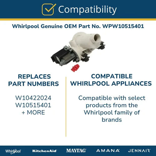 Miniatura 5 de Whirlpool Bomba de drenaje de lavadora de carga frontal OEM WPW10515401