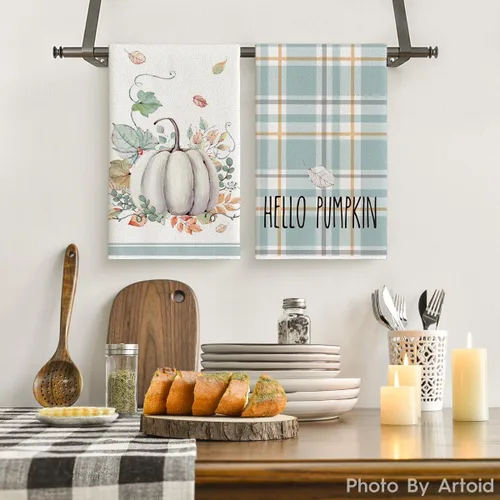 Miniatura 2 de Artoid Mode Juego de 2 toallas de cocina de otoño con diseño de rayas azules de acuarela de 18 x 26 pulgadas, diseño de hojas de temporada